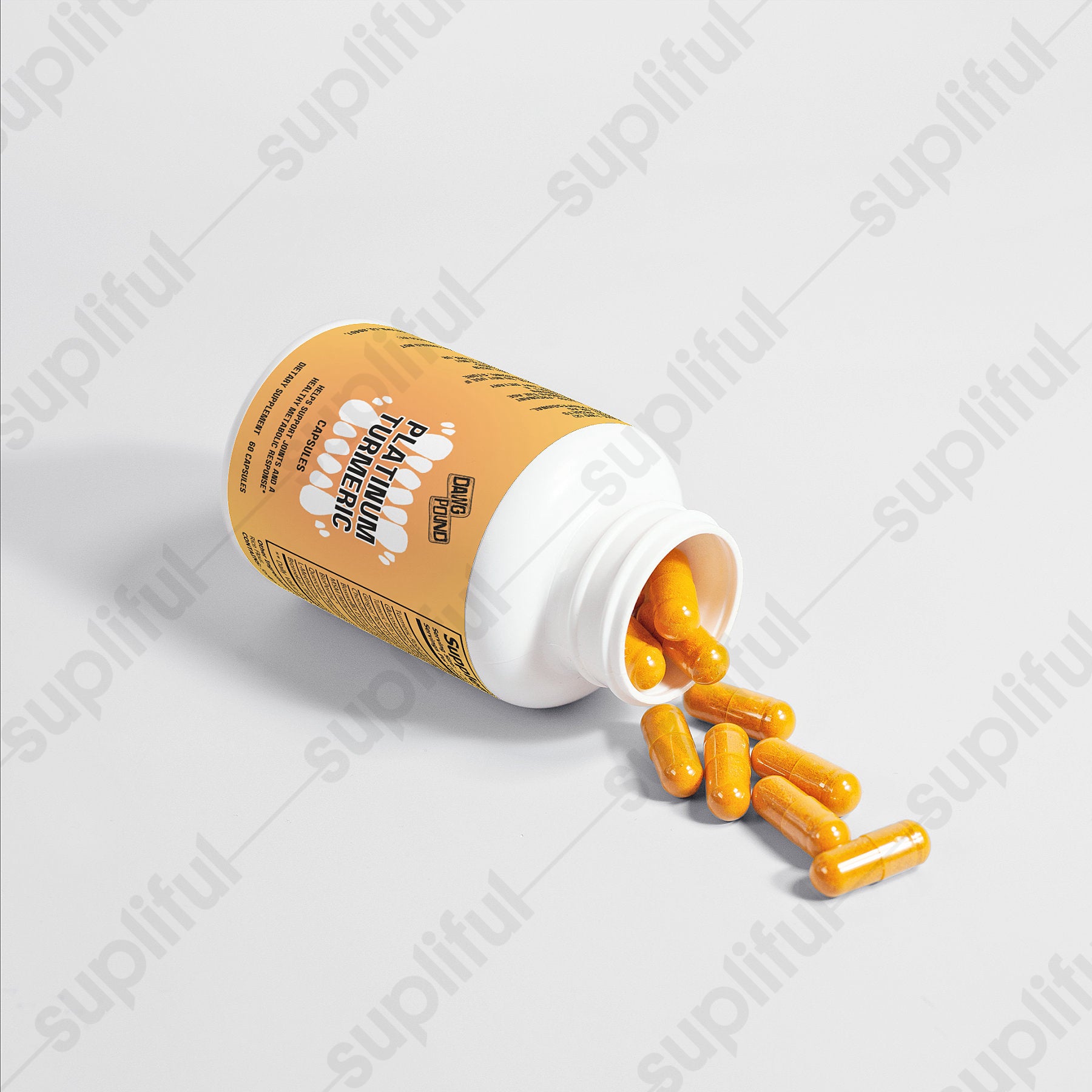 Dawg Pound Platinum Turmeric Supplement Capsules - Opened Bottle with Capsules Flowing Out