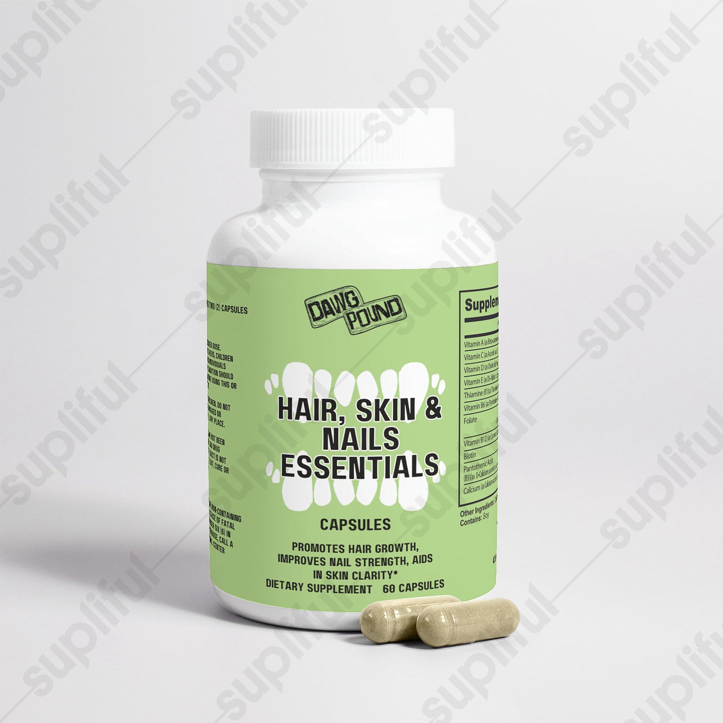 Dawg Pound Hair, Skin & Nails Essentials Supplement Capsules - Front View With Capsules in Front