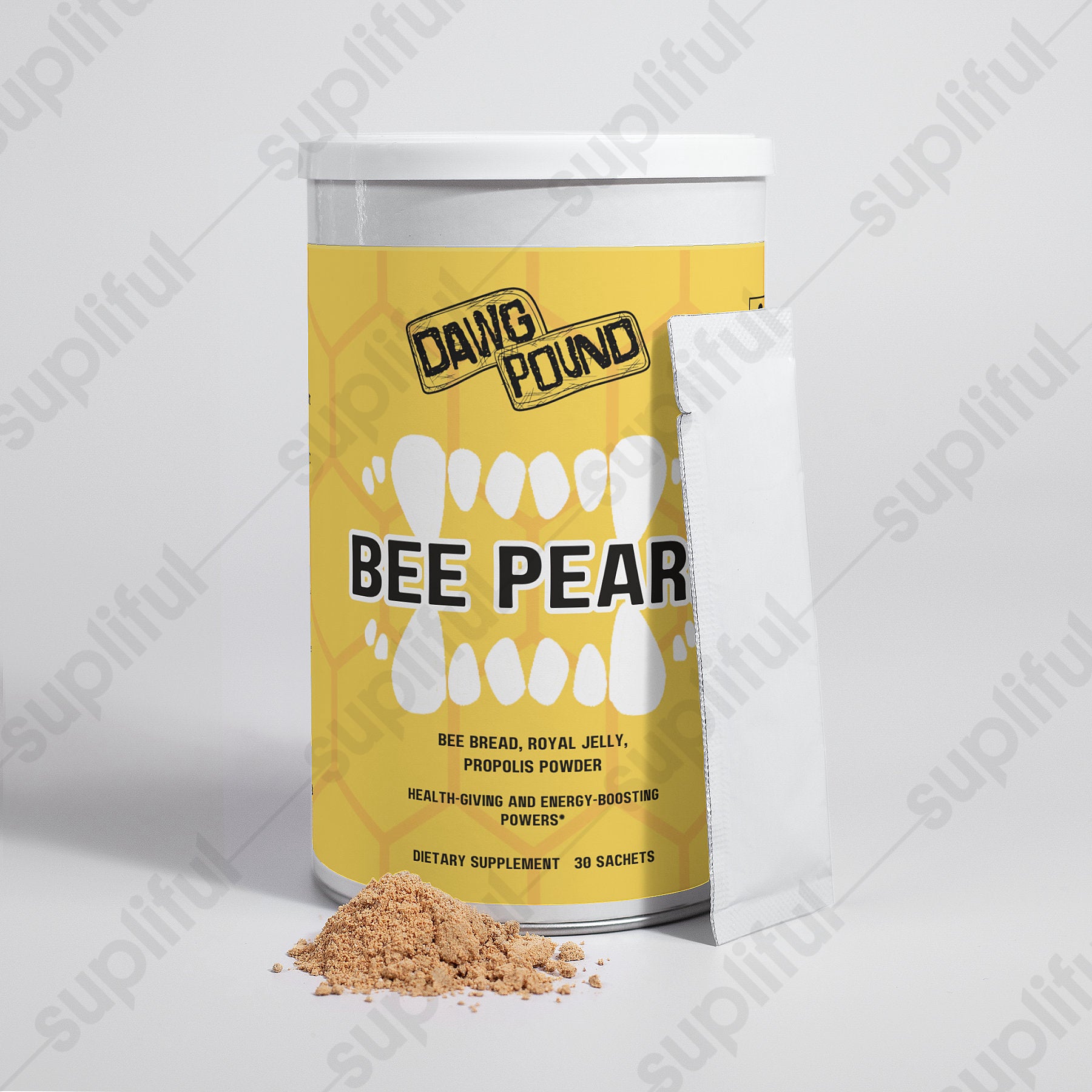Dawg Pound Bee Pearl Powder - Front View With Sachet and Powder in Front