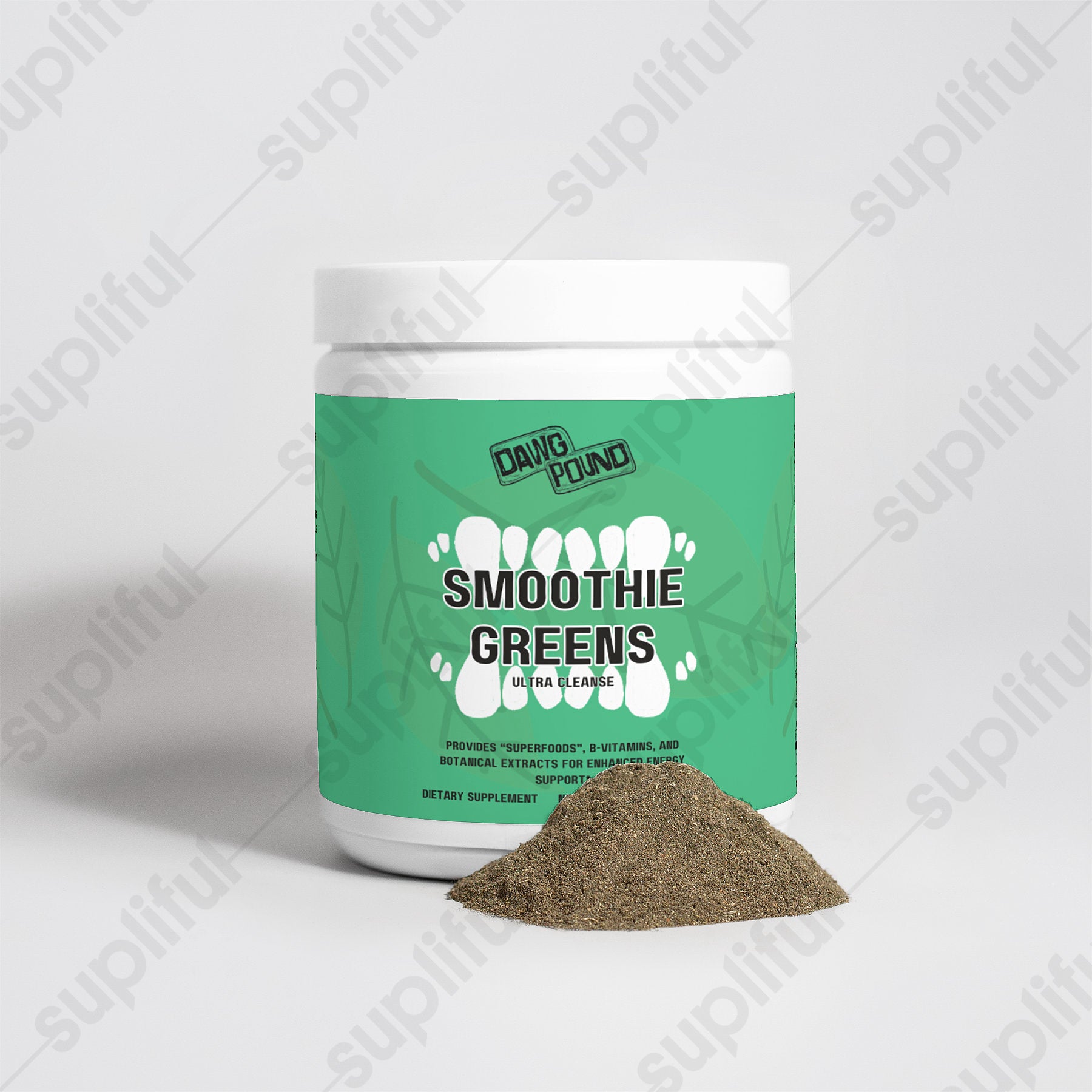 Dawg Pound Ultra Cleanse Smoothie Greens Supplement with Product Powder Displayed in Front