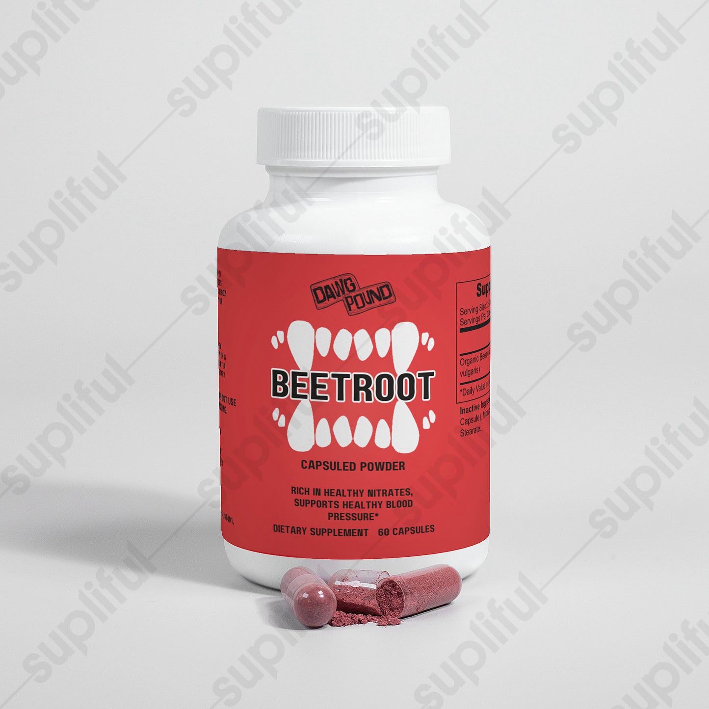 Dawg Pound Beetroot Supplement Capsules - Front View with Broken Capsules in Front 