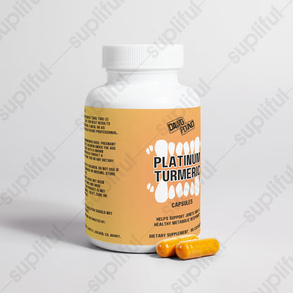 Dawg Pound Platinum Turmeric Supplement Capsules - Rotated View of Bottle with Capsules in Front