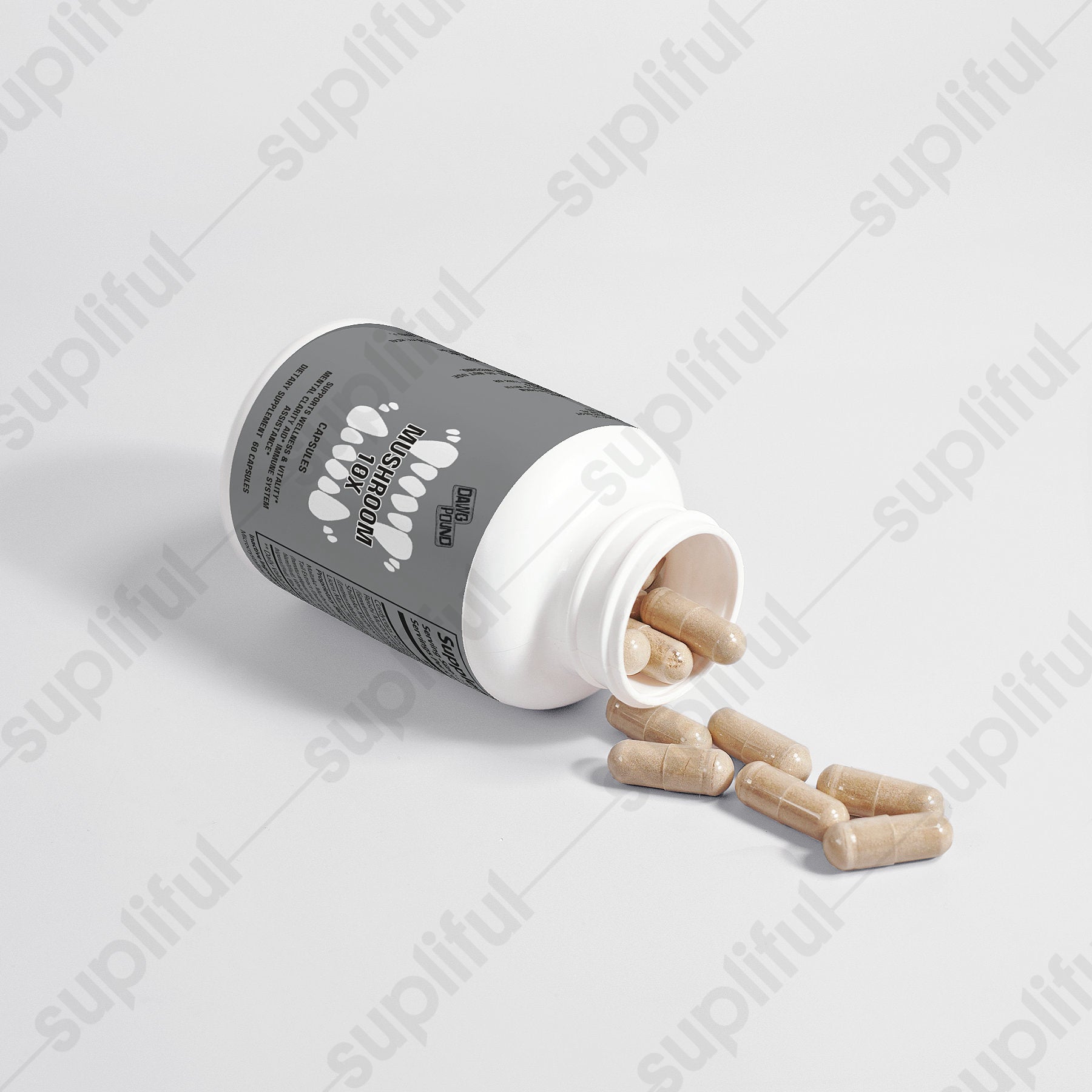 Dawg Pound Mushroom 10 X Supplement Capsules- Opened Bottle with Capsules Flowing Out