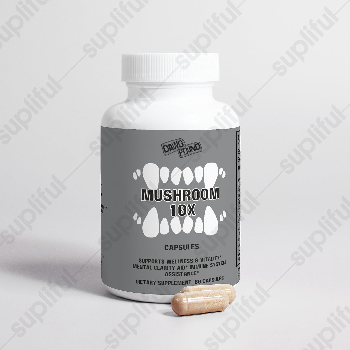 Dawg Pound Mushroom 10 X Supplement Capsules- Front View with Capsules in Front 