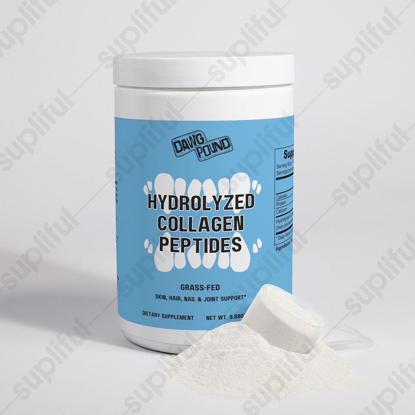 Dawg Pound Grass-Fed Hydrolyzed Collagen Peptides - Front View with Powder and Scooper in Front