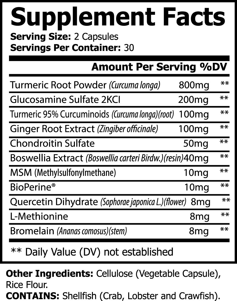 Dawg Pound Platinum Turmeric Supplement Capsules - Supplement Facts