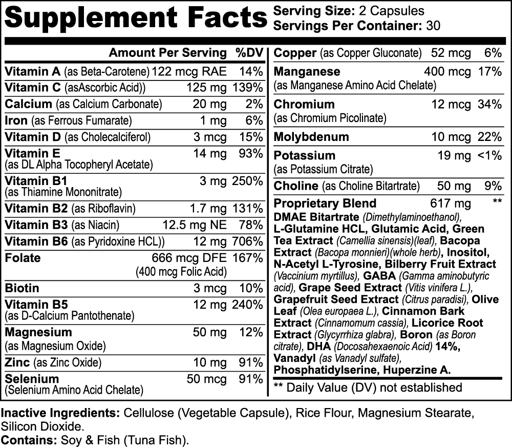 Dawg Pound Nootropic Brain & Focus Formula Supplement Capsules - Supplement Facts